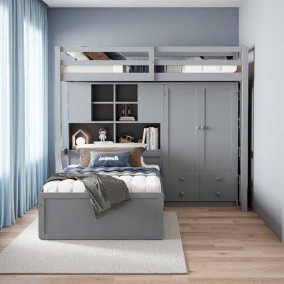 Twin Bunk Bed With Drawers, Wardrobe, Storage Shelves And Hydraulic Bed by Harriet Bee
