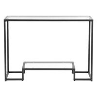 2-Tier Glass Console Table, Modern Rectangle Sofa Side Table with Tempered Glass Top and Iron Legs, Consloe Desk with Anti-Tip Device for Living Room, by Mercer41