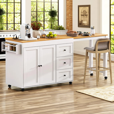 74.8" Extendable Kitchen Island with Dining Table, 3 Drawers, Power Outlet, Spice Rack by Lark Manor