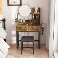 Makeup Vanity with LED Lights&3 Color and Power Outlet Makeup Vanity Table with 2 big Drawers with Sturdy Metal Leg and Metal Chair Dressing Table by Ivy Bronx
