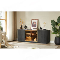 64-Inch Wavy TV Cabinet, Round Sideboard, Wooden Vertical Stripe Storage Cabinet, Aluminum Door Framed Tempered Glass Cabinet for Living Room/Bedroom/ by Latitude Run