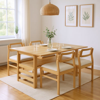 5-Piece Drop Leaf Dining Table Set with Storage Shelf and Upholstered Chairs, Solid Rubberwood Frame, Space-Saving Design for 2–4 People by Gracie Oaks