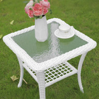Outdoor Wicker Side Table, All-weather Rattan Patio Side Table Bistro Table With 2-tier, Tempered Glass Top Square End Table For Indoor, Balcony, Gard by Highland Dunes