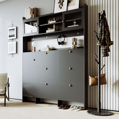 Multifunctional Shoe Cabinet with Storage Shelf & 6 Flip Drawers, Modern Large Hall Tree with Tempered Glass Doors, Elegant Foyer Organizer by Latitude Run