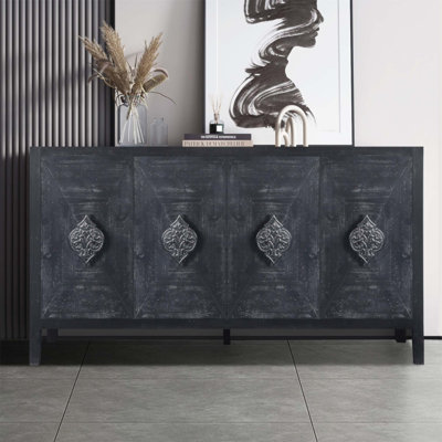 Carved Flower Door Handle Four Door Cabinet for Elegant Living Room, Kitchen, and Hallway Storage by Bungalow Rose
