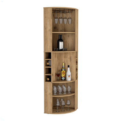 Corner Bar Cabinet With Five Shelves , Eight Bottle Cubbies And Steamware by Hokku Designs
