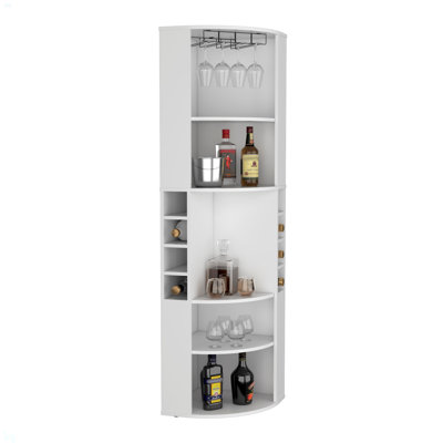 Corner Bar Cabinet With Five Shelves , Eight Bottle Cubbies And Steamware by Hokku Designs