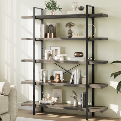 Heavy Duty Industrial Bookcase, 47" Wide Wood Bookshelf for Home Office, 120lbs Shelf Capacity, Rustic Shelving Display with Reinforced Horizontal She