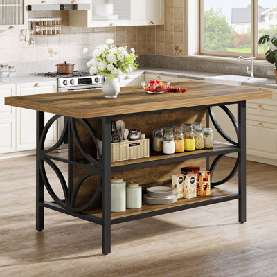 Kitchen Island with Storage, 62.99-Inch Kitchen Island Table with 2 Shelves and Large Worktop, Industrial Bar Table, Easy to Assemble, Rustic Brown (S by 17 Stories
