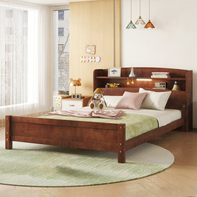 Solid Wood Platform Bed With Bookcase Headboard, Footboard, Adjustable Guardrails, Led Sensor Light by Lark Manor