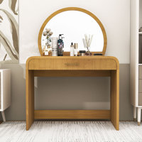 Modern Makeup Vanity Table with LED Touch Mirror, Curved Edges and Wavy Drawer by Ivy Bronx