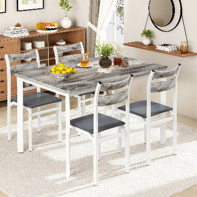 Dining Table Set For 4, 43.3" Kitchen Table And Chairs Set Of 4, 5-Piece Industrious Wood Dining Room Table Set With 4 Upholstered PU Leather Chairs F by 17 Stories