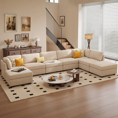 Benevides Modular Combination Sofa, Large L-Shaped With Ottoman, Corduroy With Spring-Wrapped Cushions, With A Capacity Of 8 Seats, Comfortable Living by Mercer41