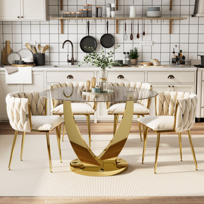 47.2" Round Glass Dining Table Set of 6, Tempered Glass Tabletop Metal Pedestal, with 4 Upholstered Velvet Chairs, Space-Saving, Chairs by Everly Quinn