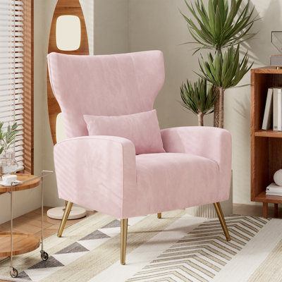 Modern Velvet Accent Chair With Wingback Design Gold Metal Legs And Pillow – Elegant Lounge Chair For Living Room & Bedroom