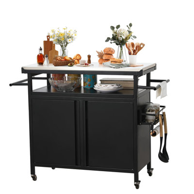 Rolling Bar Grill Cart Outdoor Patio Furniture, Outdoor Grill Table With Stainless Steel Top For Kitchen Prep And Outdoor Storage Cabinet For Grilling by Latitude Run