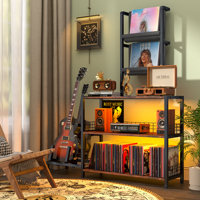 58" Tall Record Player Stand With Led Lights And Guitar Stand, Turntable Stand Record Player Cabinet Organizer Rack, 3-tier Record Player Table With V by Wrought Studio
