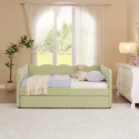 Cozy Gingham Daybed with Trundle, Twin Size Sofa Bed, No Box Spring Needed, USB Port, Adorable Wave Shaped, Linen Fabric, by Everly Quinn