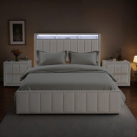 3-pieces Bedroom Sets, Upholstered Bed Frame With Charging Station & Led Light And Two Nightstands by Wrought Studio