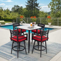 Modern 5pc Outdoor Patio Bar Set, Ember Black With Marble-inspired Table & 4 Swivel Chairs, Sunbrella Cushion by Corrigan Studio