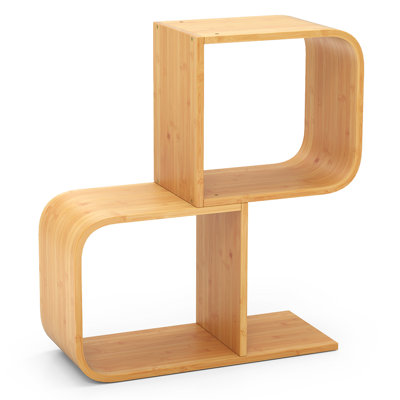 Bamboo Geometric Bookshelf 2-Tier S-Shaped Bookcase w/ Anti-tipping Device