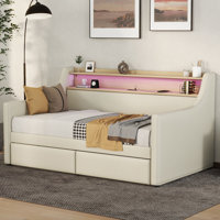 Twin Size Daybed with Storage Drawers, Upholstered Daybed with Charging Station and LED Lights by Ivy Bronx