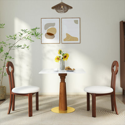 Modern Square Dining Table, 33.5" Sintered Stone Table with Wooden Leg & Gold Base, 2 - Person Kitchen Table for Small Space, 150lbs Weight Capacity by Mercer41