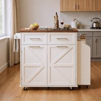 K&k 47.2" Farmhouse Kitchen Island With Drop Leaf, Kitchen Storage Island With Removable Side Racks, Two Drawers, Rolling Kitchen Cart On Wheels With by August Grove