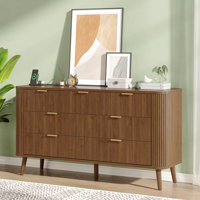 Fluted 7 Drawers Dresser with Charging Station, 57" Wide Mid-Century Wood Chest of Drawers with Curved Profile Design for Bedroom (Natural) by George Oliver