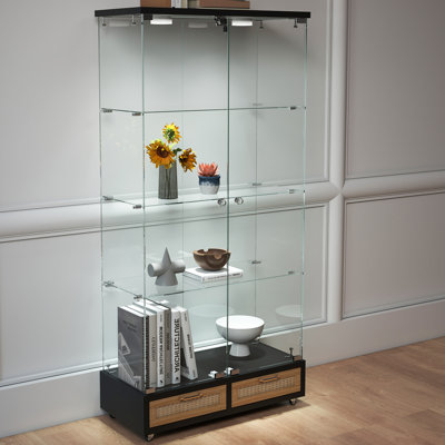 Elegant Tall Tempered Glass Display Cabinet with Multi-Color LED Lights, Large Drawers & Smooth Wheels by Brayden Studio