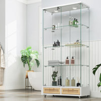 Elegant Tall Tempered Glass Display Cabinet with Multi-Color LED Lights, Large Drawers & Smooth Wheels