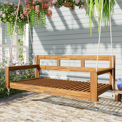 Premium Acacia Wood Twin Swing Bed with High Back and Arms for Outdoor Relaxation and Durability by Hokku Designs