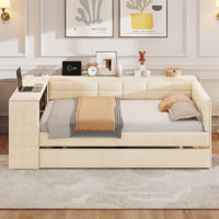 Full Size Upholstered Platform Daybed With Storage Shelves, Desk, Charging Station & Trundle For Ultimate Comfort And Functionality by Hokku Designs