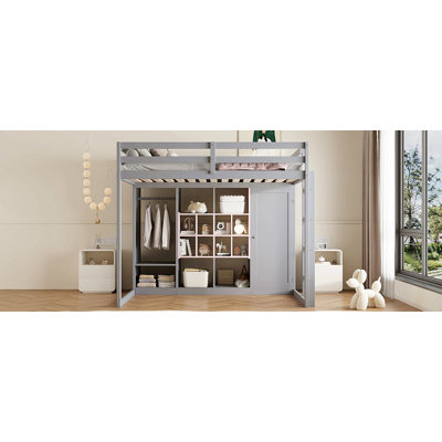 Wood Loft Bed With Wardrobe, Shelves And Cabinet by Harriet Bee