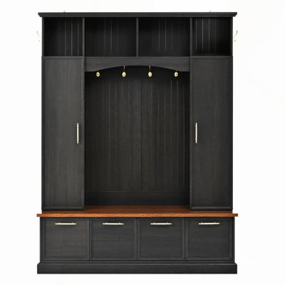 4-IN-1 Elegant 59" Wide Hall Tree with Golden Hooks & Handles, Practical Entryway Walnut Bench with Adjustable Shelves, 76.7"H Farmhouse Wooden Style by Red Barrel Studio