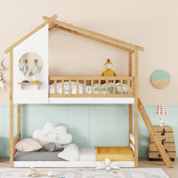Twin Over Twin Bunk Bed Wood Bed with Roof, Window, Ladder,Natural by Ophelia & Co.