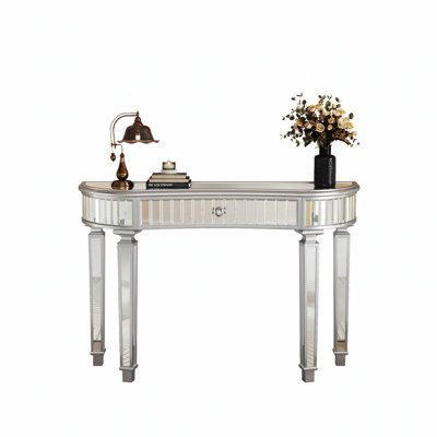 47" Half-Moon Mirrored Console Table With Fluted Glass & Crystal Knob Drawer - Entryway Vanity Desk For Bedroom/Dressing Room by Everly Quinn