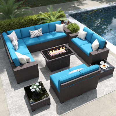 13 Pieces Outdoor Patio Furniture Set with 44" Fire Pit Table Brown Rattan Sectional Sofa Conversation Sets by Latitude Run