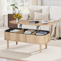 39.4in Lift Top Coffee Table Fluted Oval Desk Hidden Compartment Burlywood by George Oliver