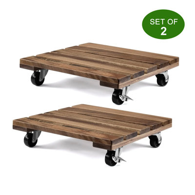 2 Pack 12.6 Inch Wooden Plant Stand With Wheels Square Plant Cart Rolling Cart by Arlmont & Co.