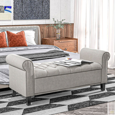 50" Storage Ottoman Bench, Upholstered End Of Bed Bench With Rolled Arms, Wood Legs, Button Tufted Storage Bench With Safety Hinges For Living Room, E by Red Barrel Studio