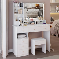 41" Large Size Left Drawer Desktop Vanity Table+Cushioned Stool Dresser Set, 2 AC+2 USB Power Station, Hair Dryer Stand, Extra Large Touch Control LED by Latitude Run