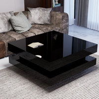 Black High-Gloss Minimalist Designed 2-Tier Square Coffee Table With LED Lights, A Living Room Center Table. by Ivy Bronx