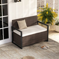 Patio Storage Bench Wicker Loveseat with Built-in Storage & Long Seat Cushion Brown by Dovecove