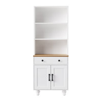 Farmhouse Storage Cabinet with 4 Solid Wood Legs, 5-Tier Bookshelf & Adjustable Shelves, Kitchen Pantry & Living Room Media Cabinet