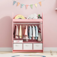 Elegant Kids Dress Up Wardrobe Closet With Child-size Mirror, Open Kids Armoire Wardrobe With 3-tier Storage Shelf And 3 Storage Drawers For Costume, by Mercer41