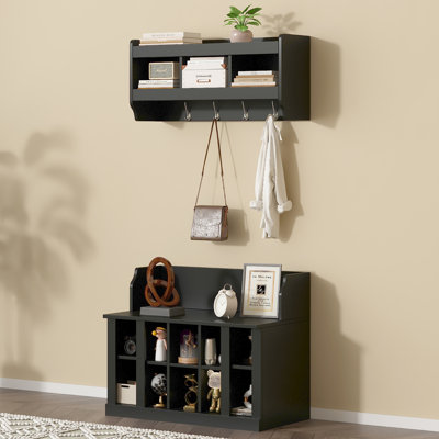 Shoe Storage Bench Hall Tree with 4 Hooks, Shelves & Wall-Mounted Coat Rack — Entryway Organizer for Hallway, Foyer, Mudroom