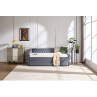 Twin Size Upholstered Daybed With Trundle,USB Port ,Side Pockets,Velvet Daybed With Button On Back And Piping On Waved Shape Arms