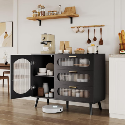 Buffet Cabinet with Storage, Sideboard Cabinet with Fluted Glass Door and Drawers, Black Sideboard for Kitchen, Dining Room, Living Room by George Oliver