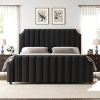 Upholstered Bed Frame with Headboard and Footboard and Strong Wooden Slats Support